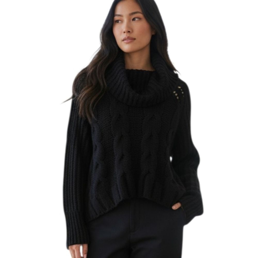DR2 Black Cable Knit Cowl Neck Sweater SZ.L EUC